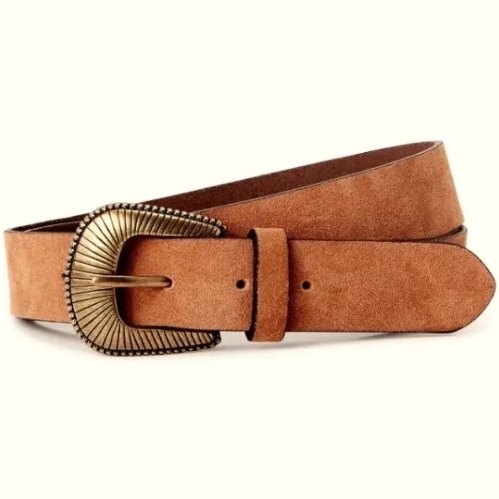 Time and Tru Tan Western Belt with Decorative Brass Buckle